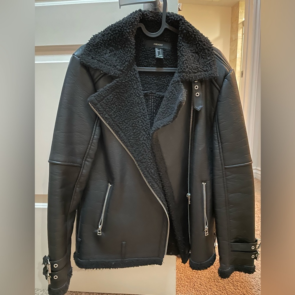 Faux Leather Jacket with Sherpa Lining